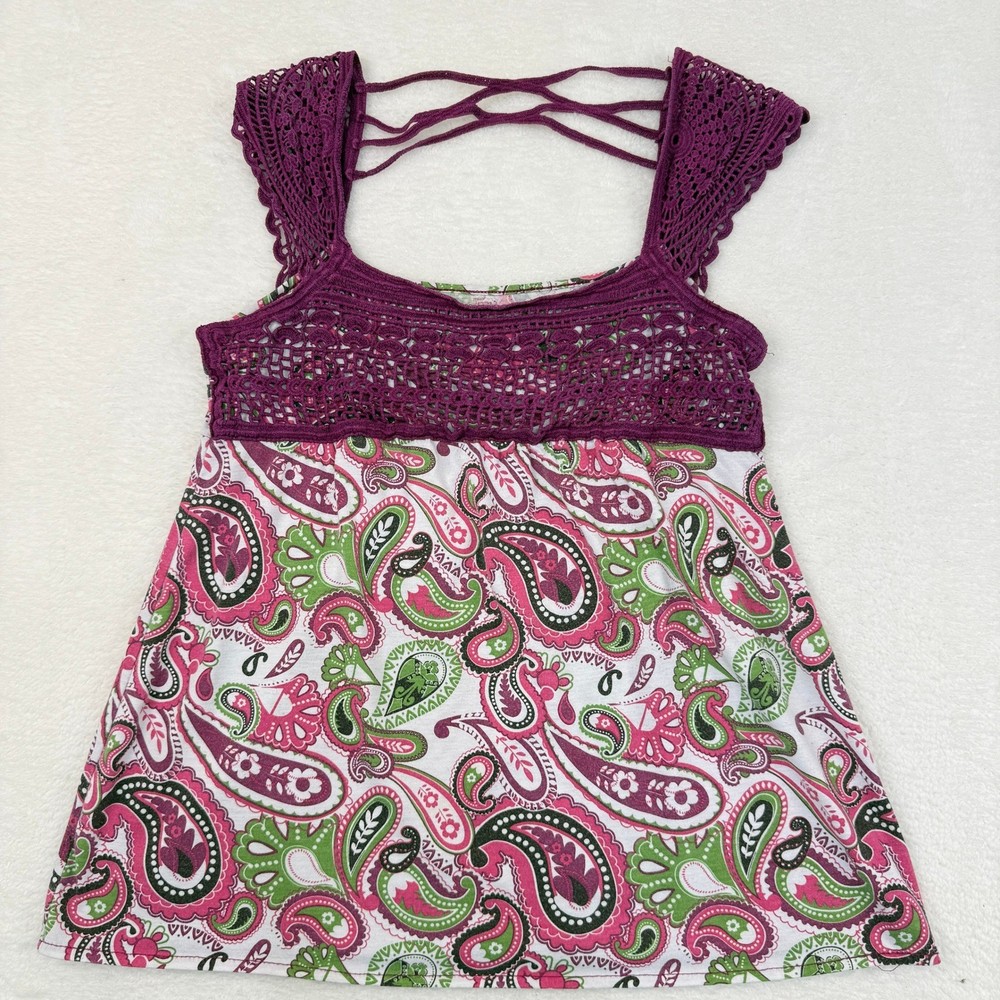 Crochet Lace Paisley Tank Top Womens Medium Pink Boho 2010s Indie Boho Summer
