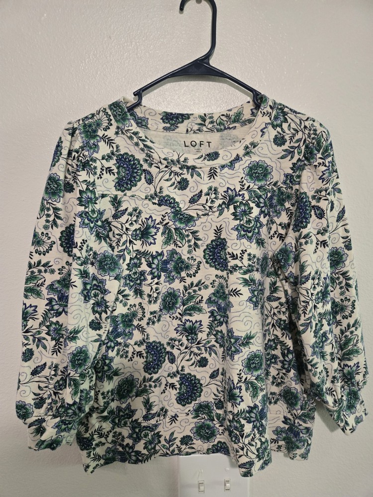 Loft Blue And Green Floral Pullover 100% Cotton Blouse With Long Sleeves Size M