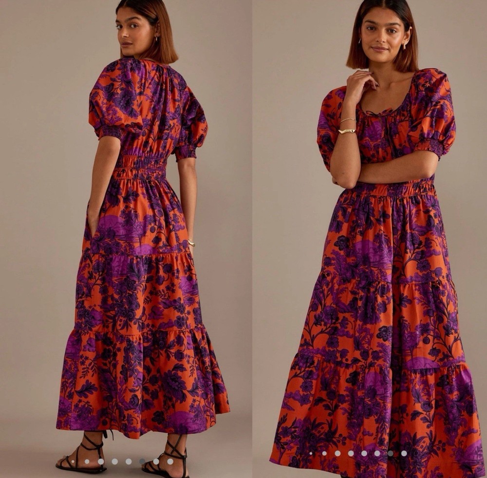 Anthropologie The Somerset Cotton Maxi Dress Puff-Sleeve Purple and Orange L