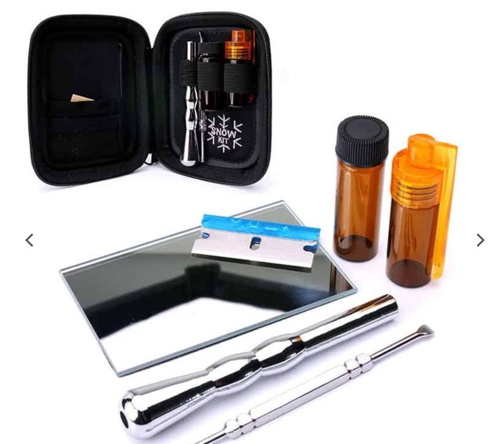 8 Piece Snuff Kit Mirror Straw Black Storage Bag Compact Travel Set READ