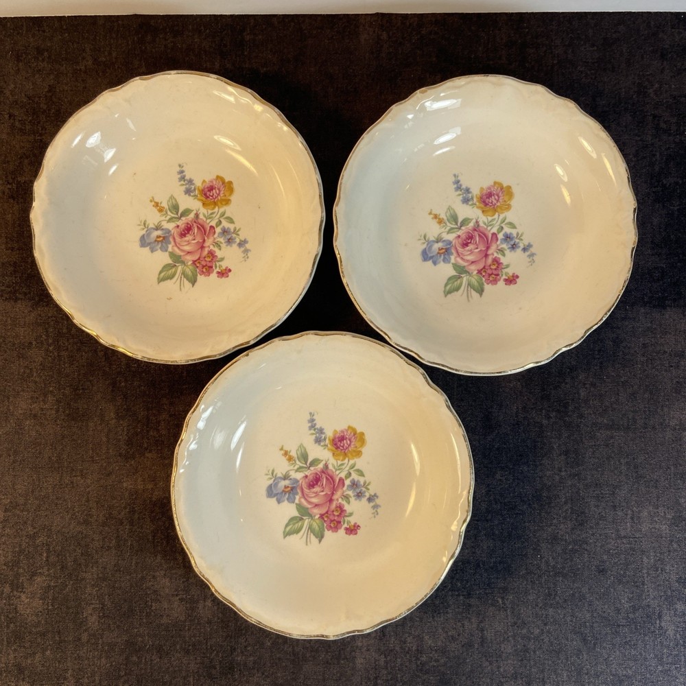 3 Scio Pottery “Hazel” Pattern Floral Berry Bowls Scalloped Gold Edge 5