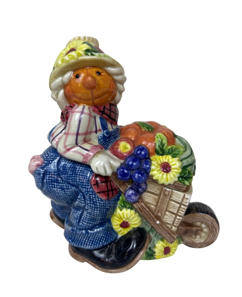 Vintage Fitz & Floyd Pumpkin Scarecrow Farmer Sugar Bowl Fall Decor 1996