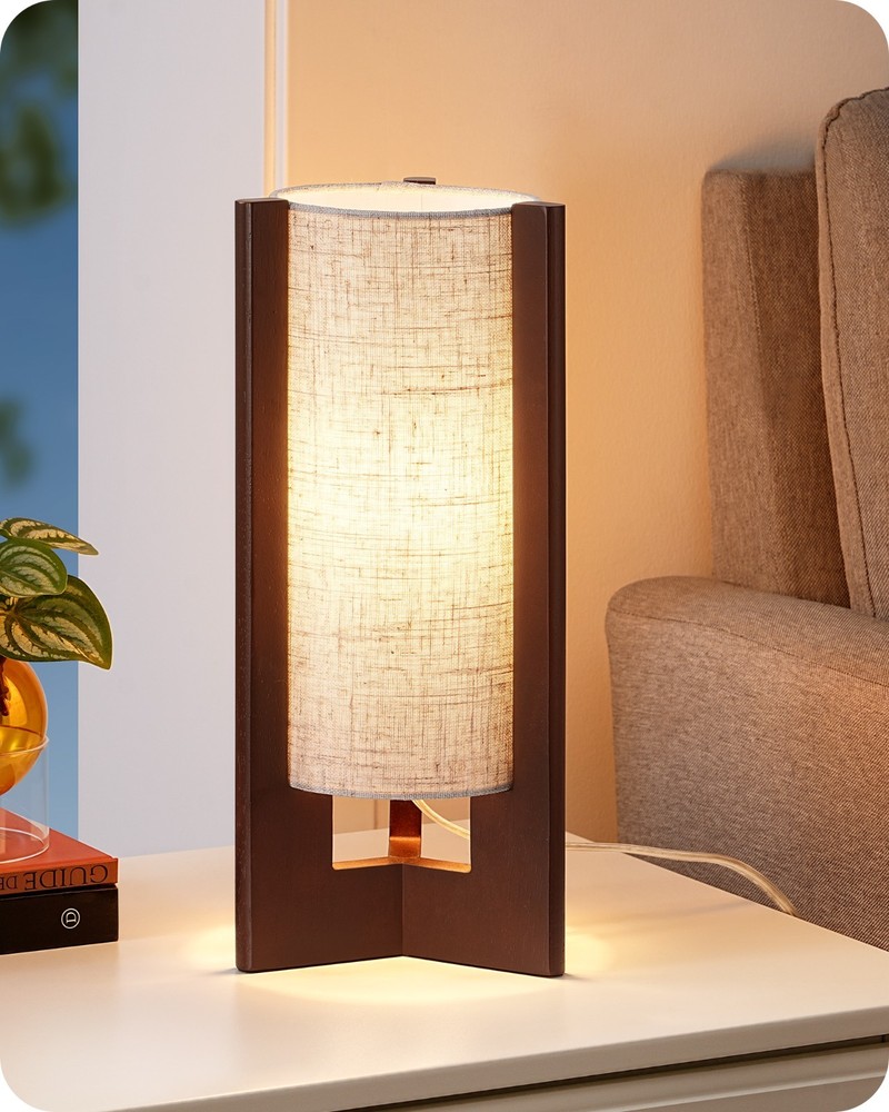 EDISHINE Wood Table Lamp with Beige Linen Shade, Modern Bedside Lamp