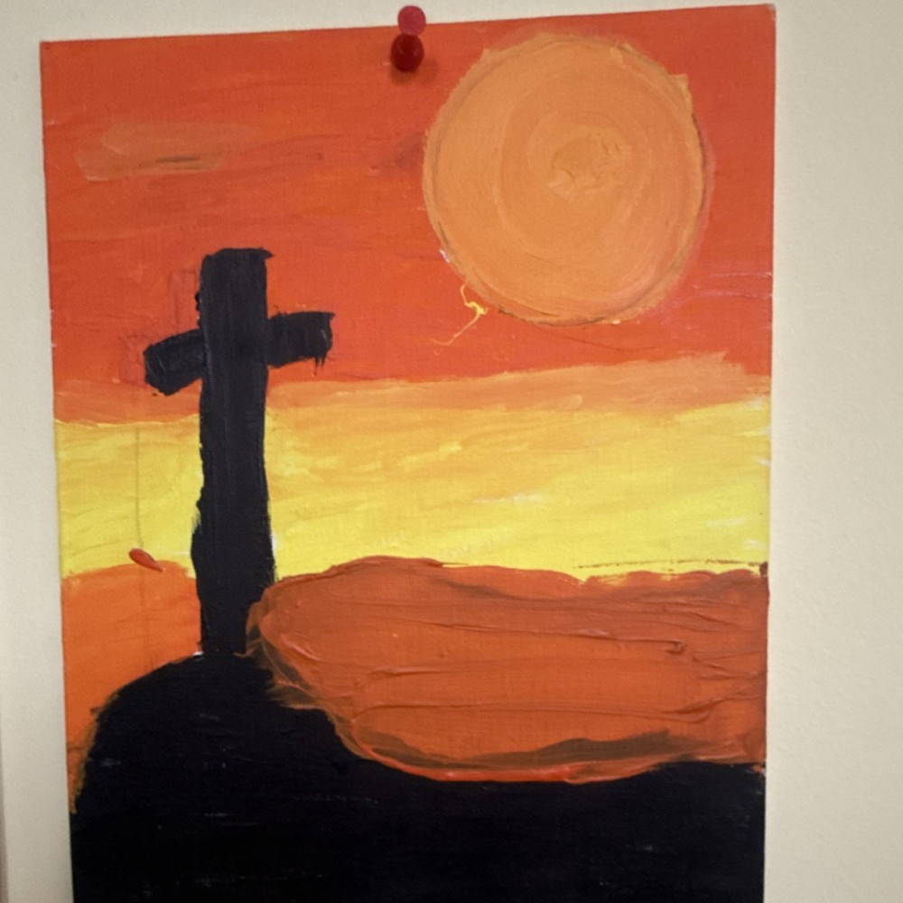 Abstract Acrylic Painting on Canvas – Cross and Sunset – Original, Small