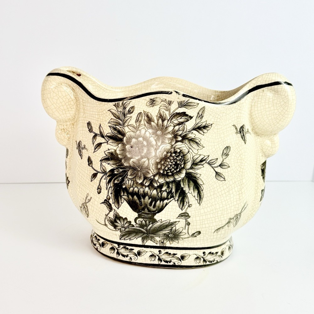 Vintage Porcelain Jardinière Cache-Pot/Palnter Vase Footed Cream &Black Florals