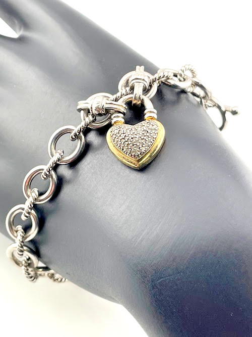 Ud 925 Sterling Silver Diamond Pave Heart Rope Link Bracelet 7.5
