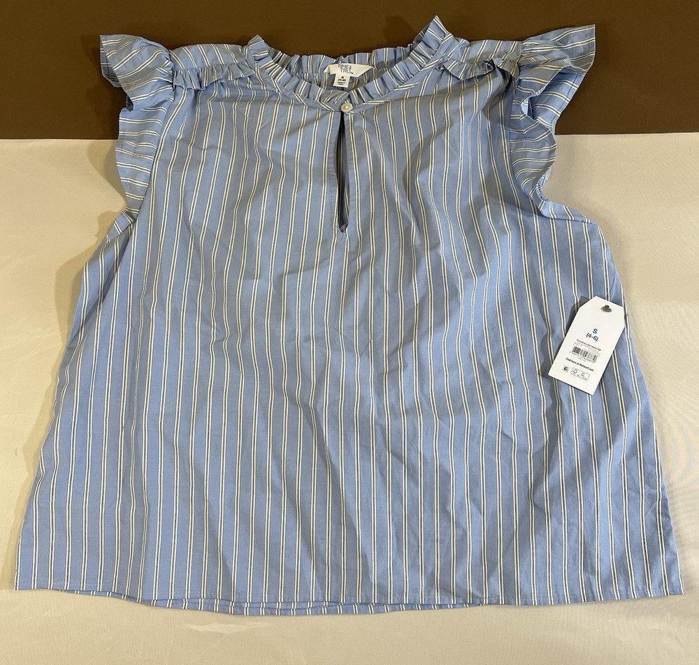 Time and Tru Women's S Blue/White Striped Keyhole Ruffle Sleeve Button Blouse