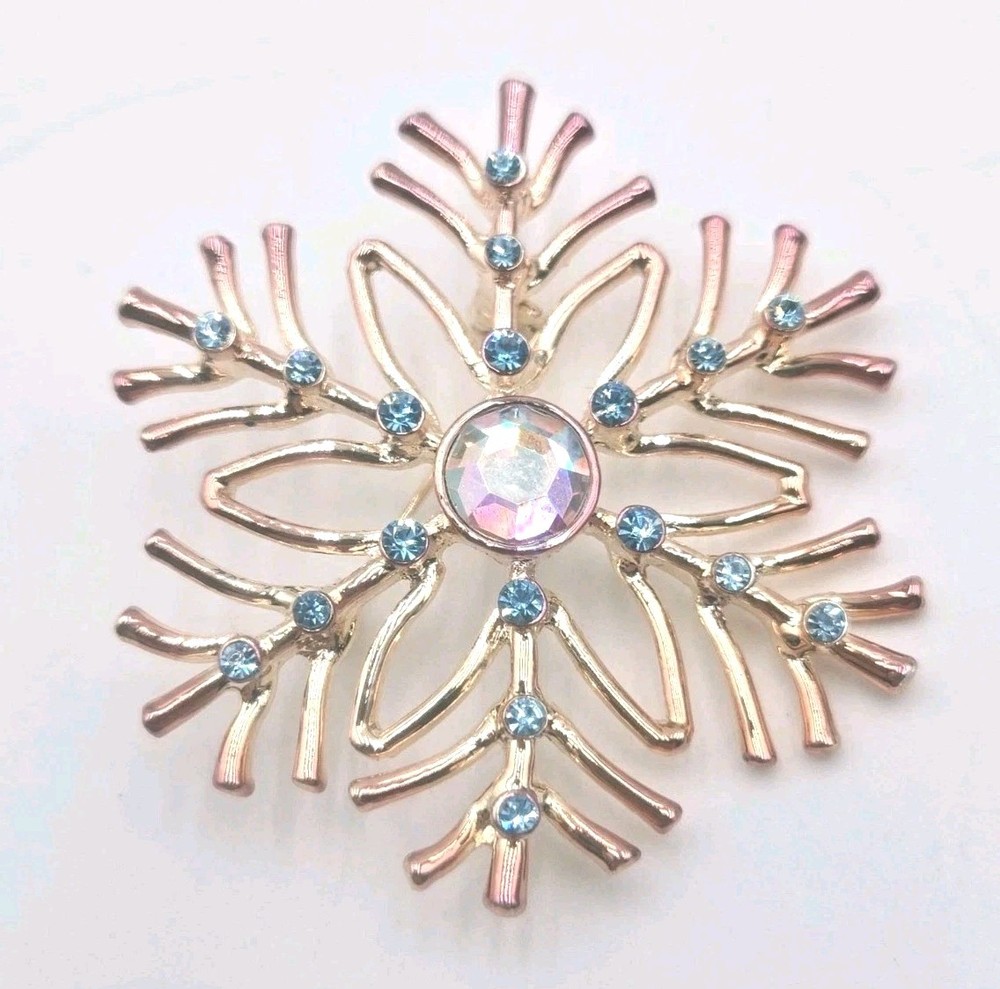Vintage Snowflake Brooch Blue Rhinestones Aurora Borealis Gold Tone Winter Pin