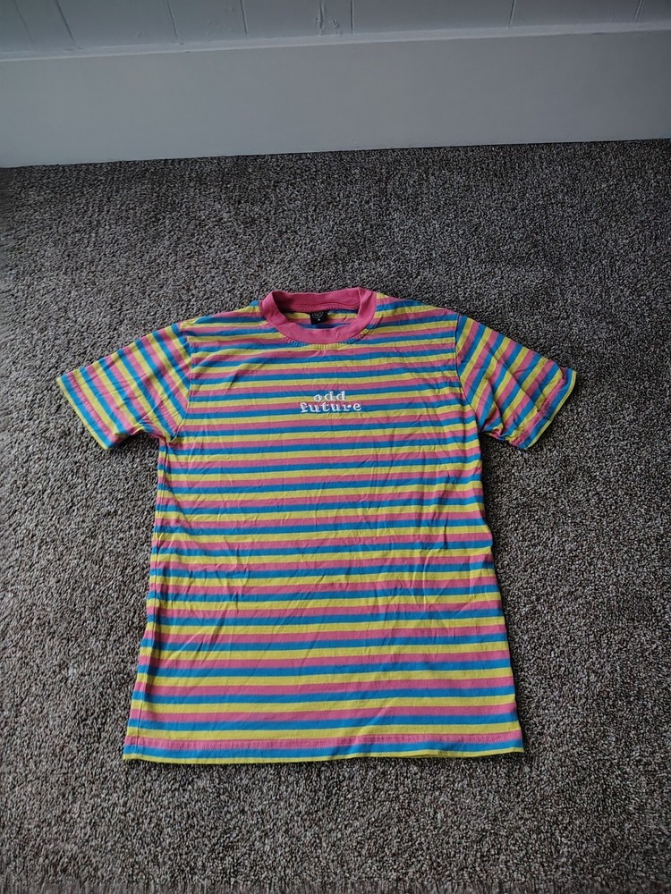 Donut odd future multicolored embroidered striped tee size small 100% cotton