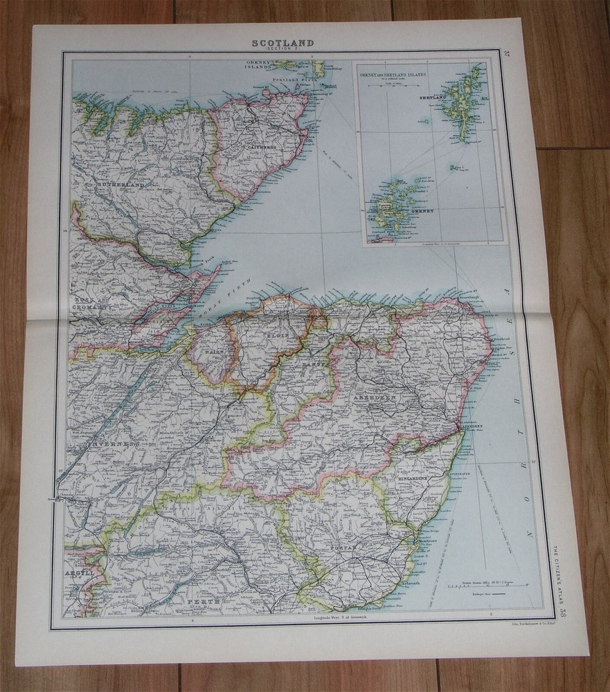 1912 Antique Map Of Scotland Aberdeen Elgin Sutherland Forfar Shetland Orkney
