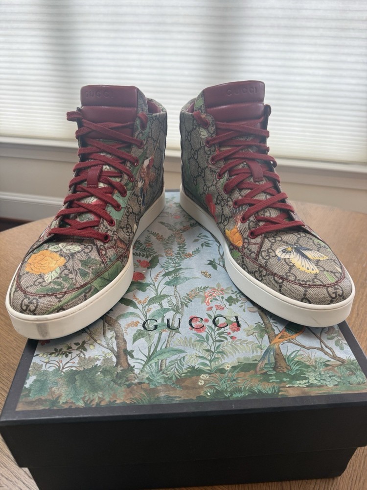 Gucci Size 10 Floral GG Monogram Canvas and Leather High Top Sneakers