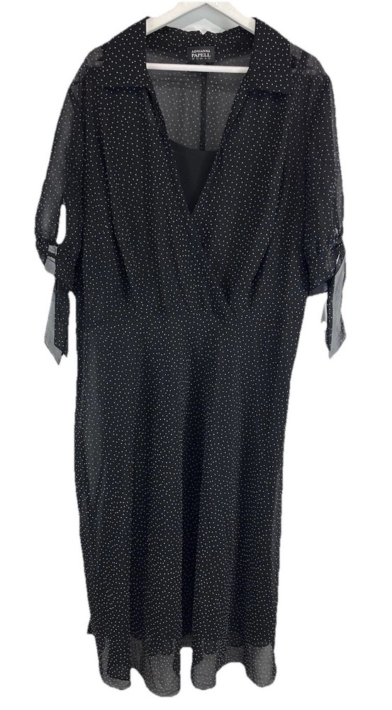 Adrianna Pappell A Line Black Chiffon Polka Dots Dress Lined Flirty 22W
