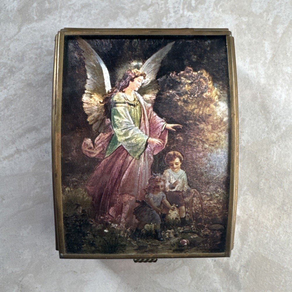 Enesco Art Guardian Angel Trinket Jewelry Box Shimmery Purple Gold Glass Brass
