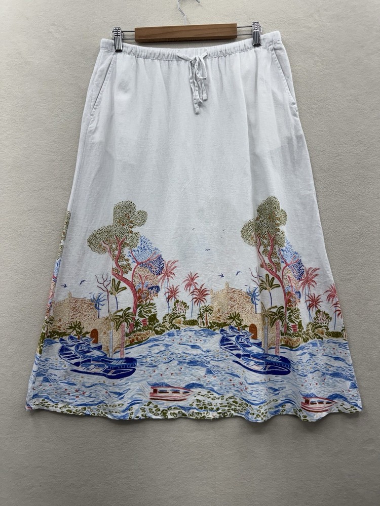 Cynthia Rowley Women’s Medium Midi Skirt Linen Blend Pockets Print NWOT