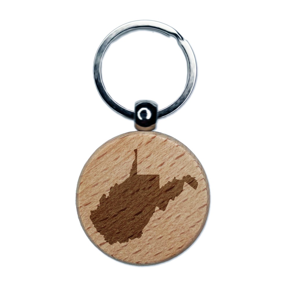 West Virginia State Silhouette Engraved Wood Round Keychain Tag Charm