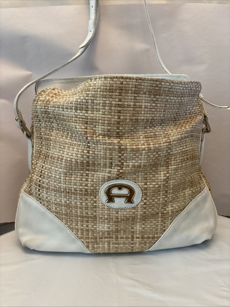 Vintage Etienne Aigner Straw Purse Ivory Leather Trim Shoulder Bag  Strap 10x12