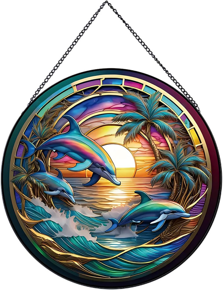 Dolphin Ocean Sunset Suncatcher Stained Glass,Hanging Stained Glass for Windo...