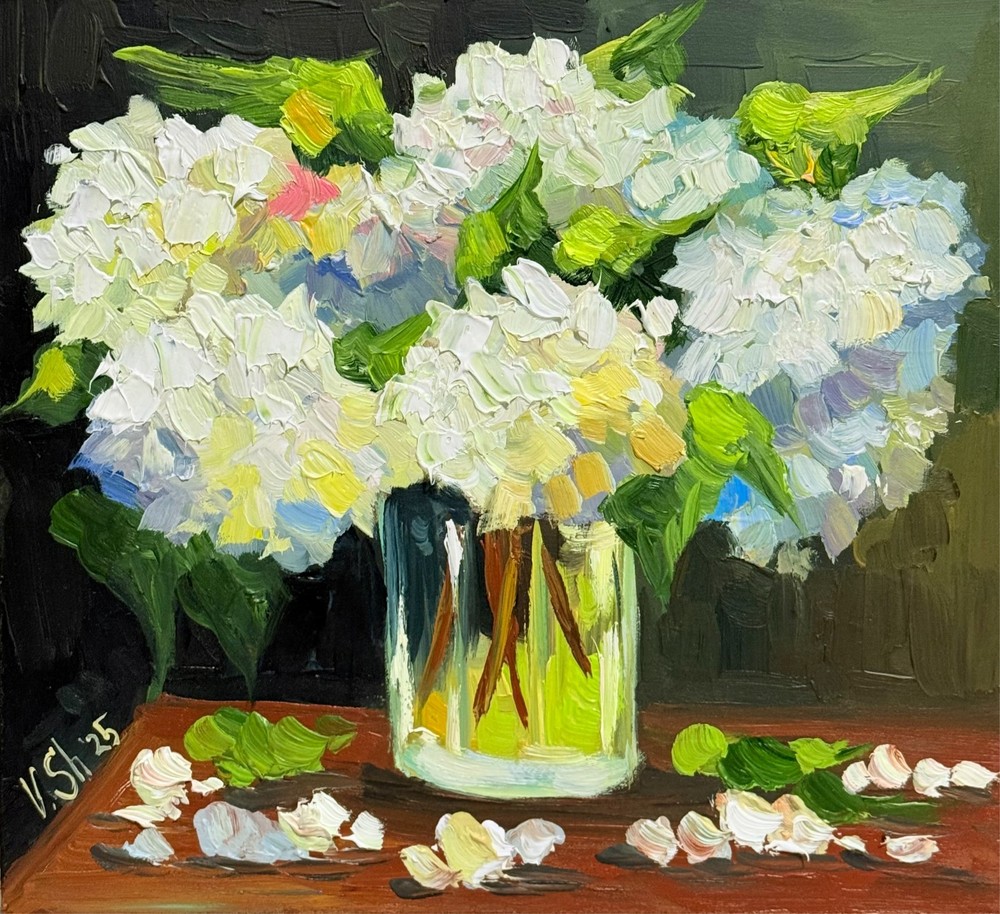 Hydrangea Floral Original Oil Painting Art Impasto Flower Still Life 8x7.5 in