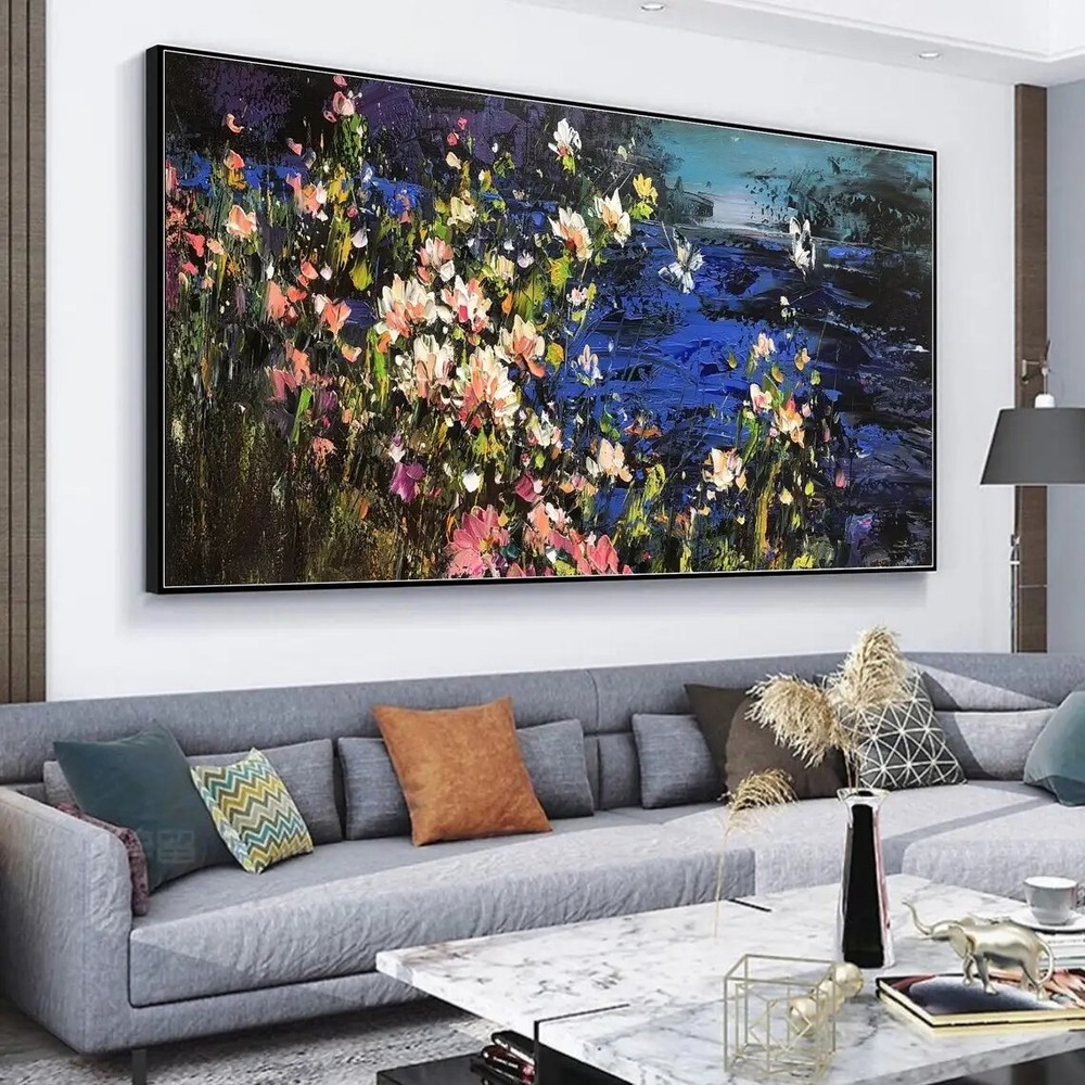 Abstract Blossom Flower Landscape Oil Painting Textured Art Pink Hand Painted