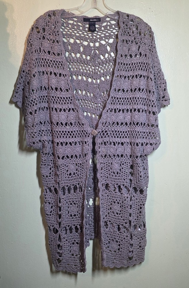 Oversized Open Knit Crochet Cardigan Sz L Granny Square 1 Button Festival Boho