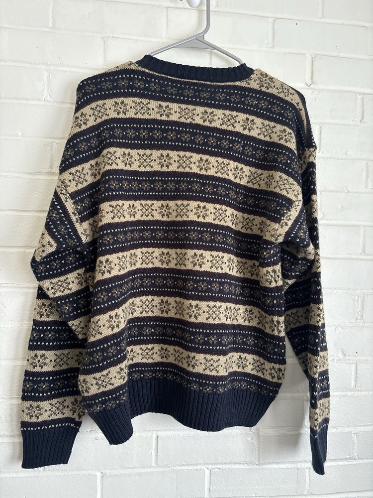 Vintage FARAH Sweater Size S Fair Isle Acrylic Biege Navy Striped 90s Grandpa