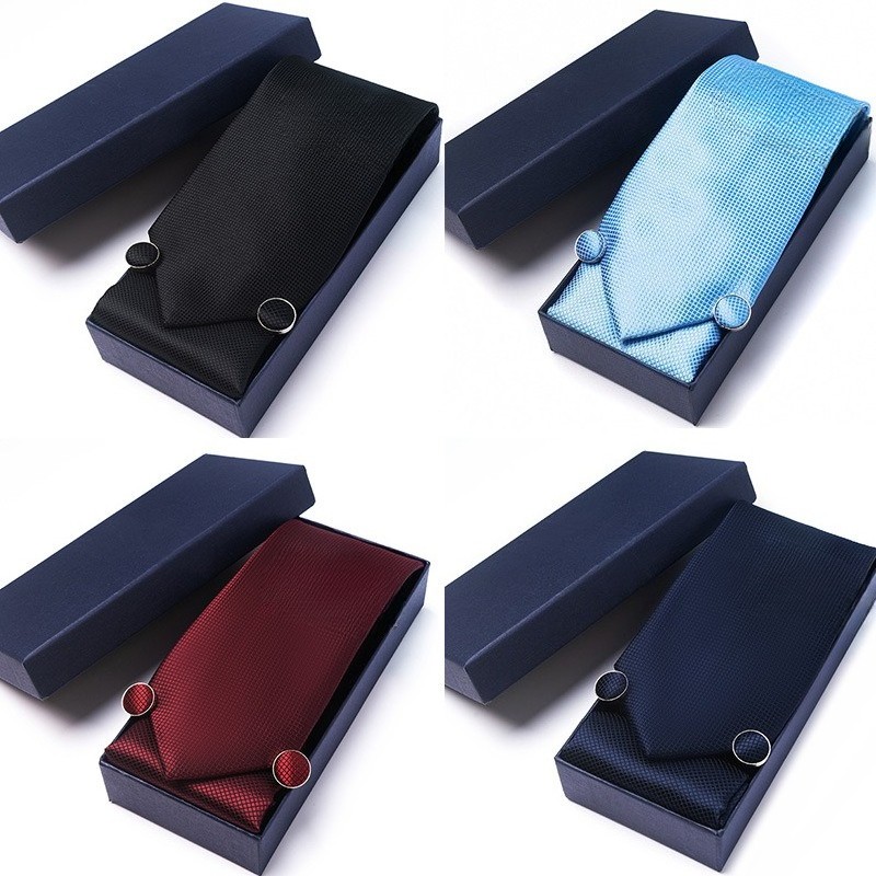 New Classic Pure Colour Tie,Hanky,Cufflinks Set Gentleman Men's Necktie with Box