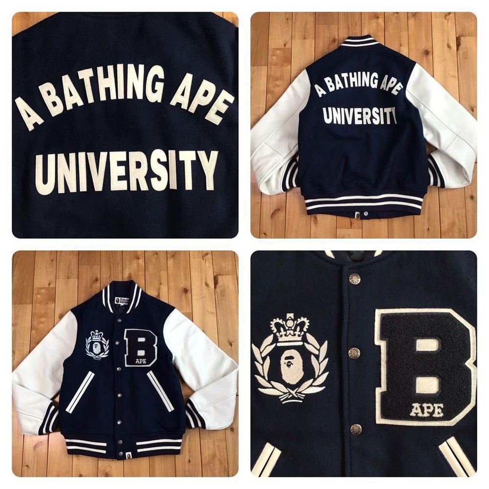 Sleeve Leather Bape Logo Stadium Jacket Navy S Size A Bathing Ape Varsity Vape