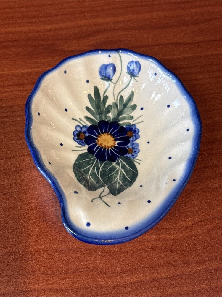 Blue Rose Polish Pottery Forget Me Not Small Spoon Holder Ladle Rest Dish