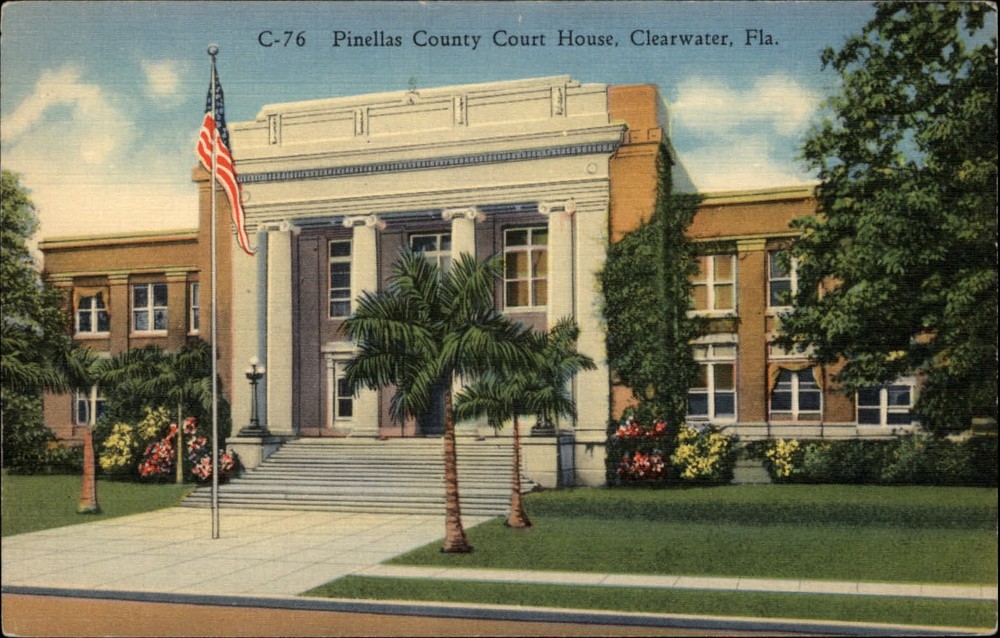 Pinellas County Court House Clearwater Florida flag ~ 1940s linen postcard