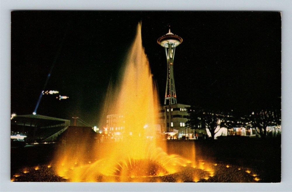 Seattle, WA-Washington, International Fountain, Space Needle, Vintage Postcard