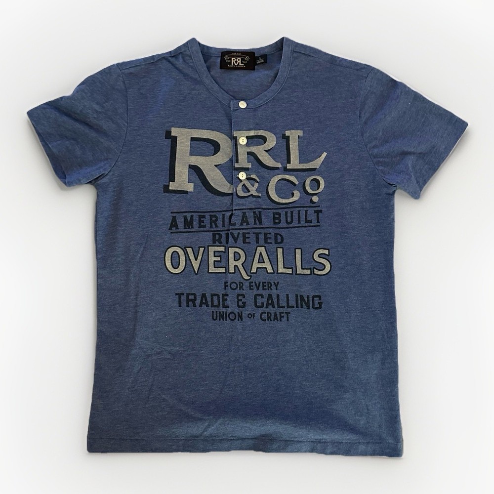 RRL Printed Henley T Shirt, Size Small Ralph Lauren 100% Cotton Blue