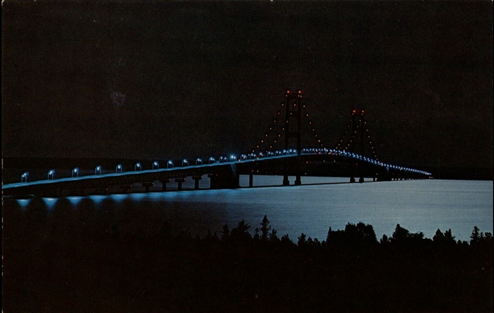 Michigan Mackinac Bridge at night lights suspension ~ 1950-60s postcard