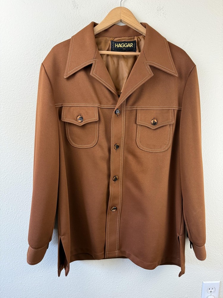 Vintage Haggar Jacket Mens 42 Brown Knit Button Front Shirt Style 70s USA