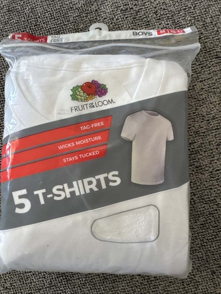 Fruit of the Loom Boys 5 Pack Cotton T-Shirt White M (10-12) Tag-Free Crewneck