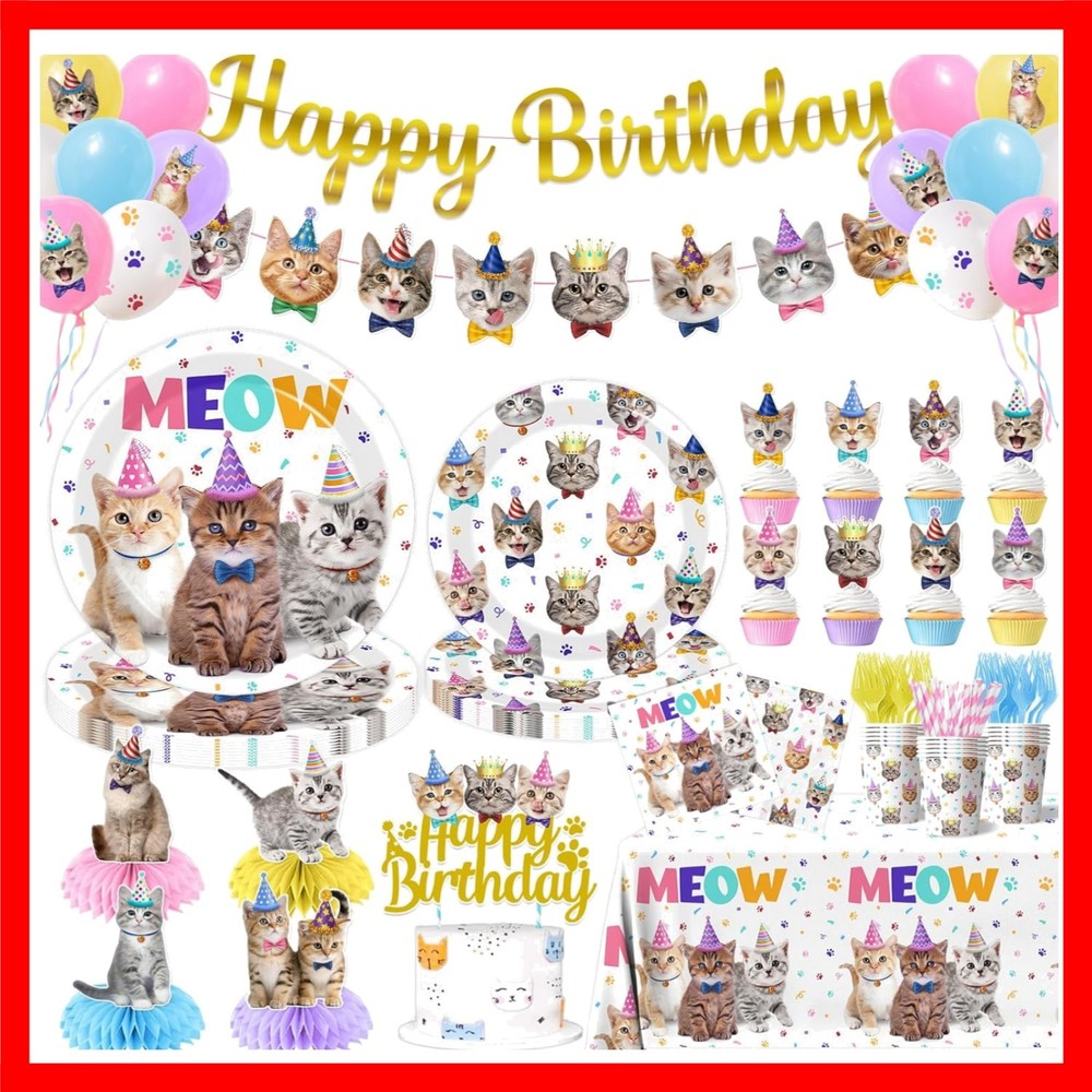 Cat Birthday Decorations,189pcs Cat Party Decorations cat Birthday Plates and...