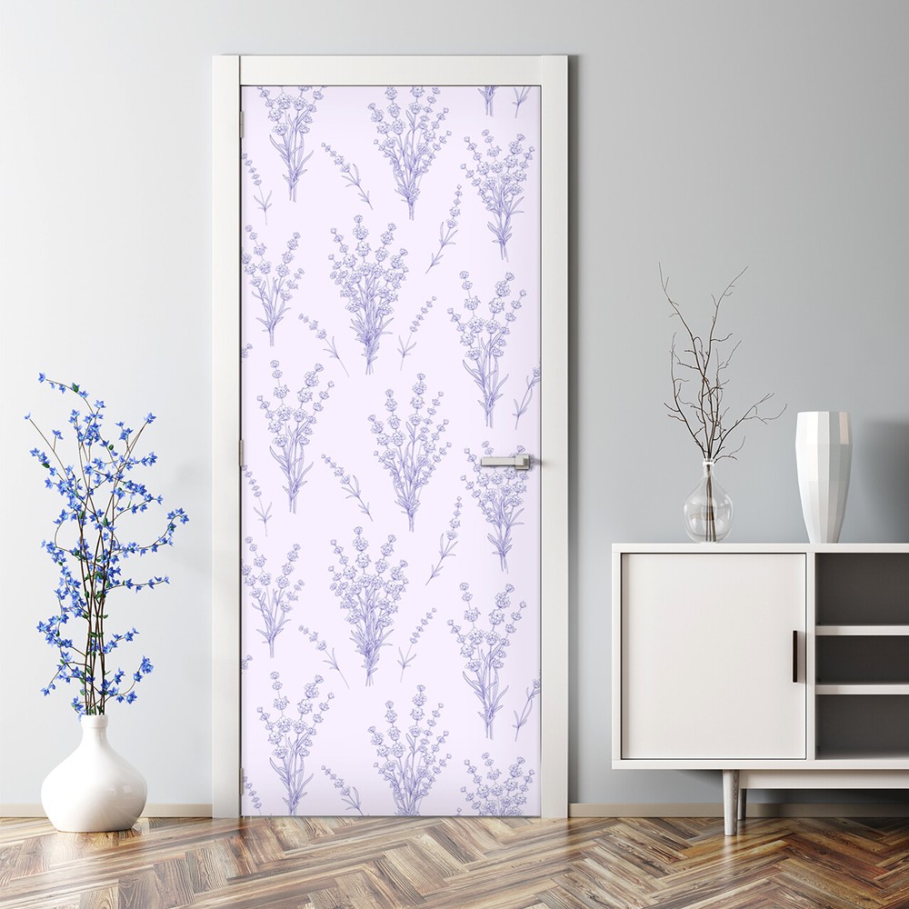 Lavender floral self-adhesive door decal in purple and grey tones