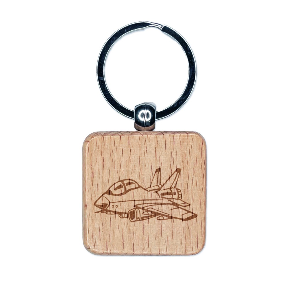 Cartoon Military Fighter Jet Airplane Engraved Wood Square Keychain Tag Charm