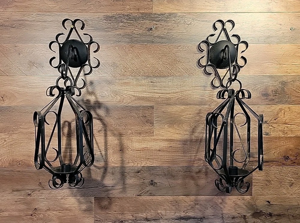 Set of Vintage Gothic Hanging Black Iron Wall Sconce Candle holder MCM Spanish