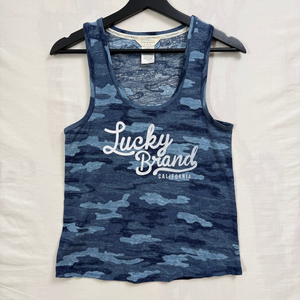 Lucky Brand Tank Top Womens Small Blue Camo Graphic Scoop Neck Sleeveless