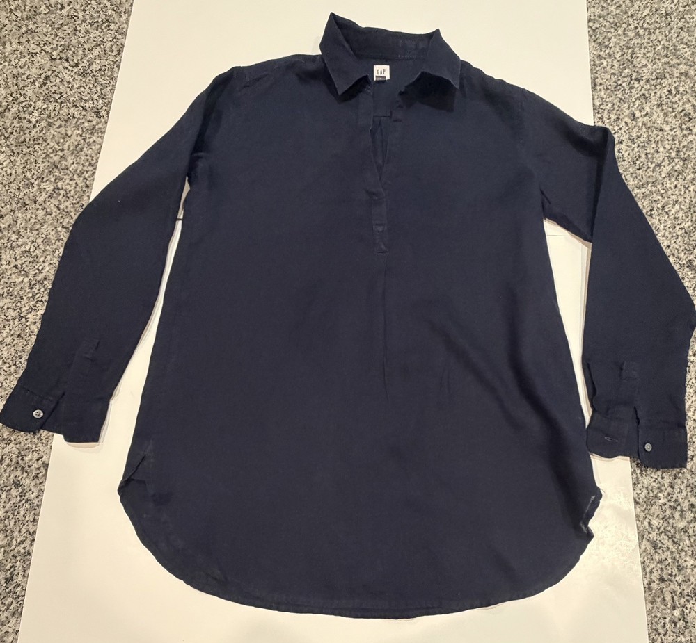 Gap Linen Boyfriend Popover Tunic Shirt Women’s medium  navy Coastal Classic