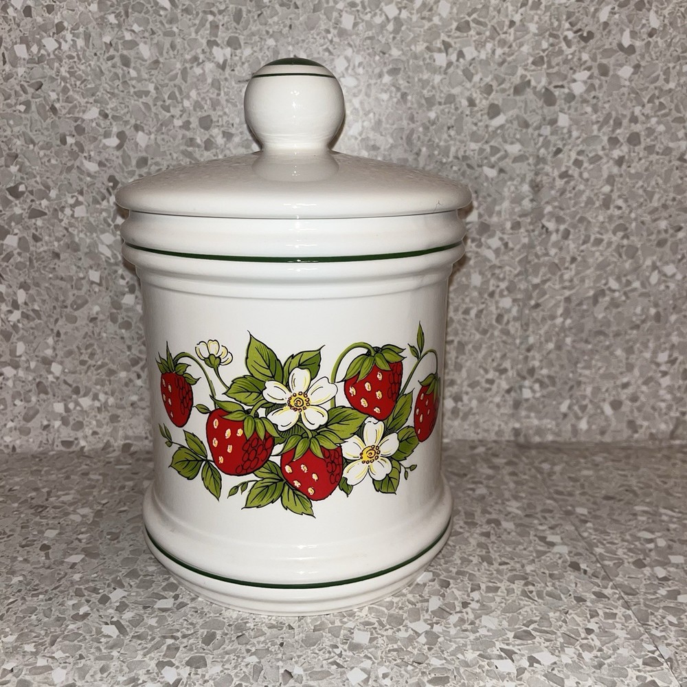 Vintage Japan Ceramic Strawberry Canister Jar W Lid Cottagecore Kitchen Storage