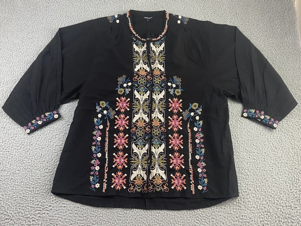 Tolani Black Tunic Top Multicolor Embroidery Size L Large Oversized Boho EXC