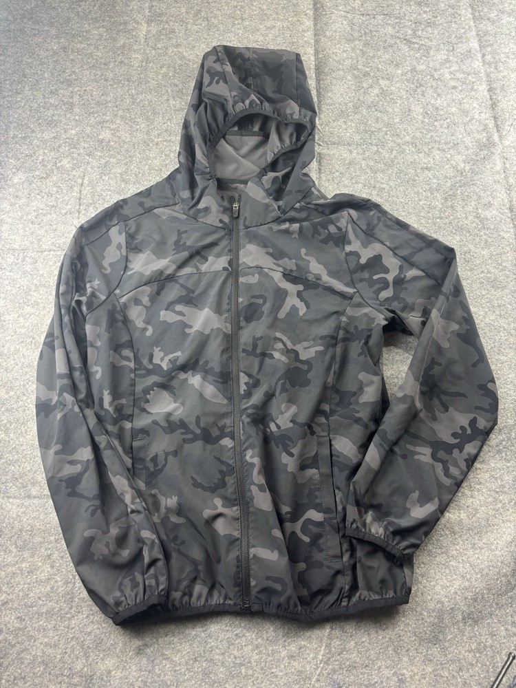 Zyia Active Women's M Performance Windbreaker Hooded Black Camo Full Zip Jacket