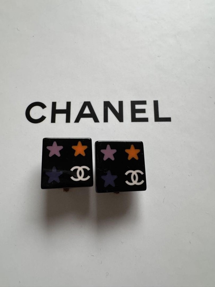 CHANEL Square Earrings Clip-On Star Pattern Black Purple Orange Gold White Logo