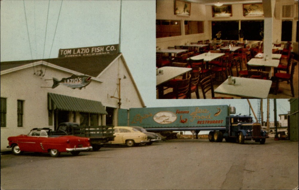 Eureka California Lazio's Sea Foods semi truck 1950s cars convertible postcard
