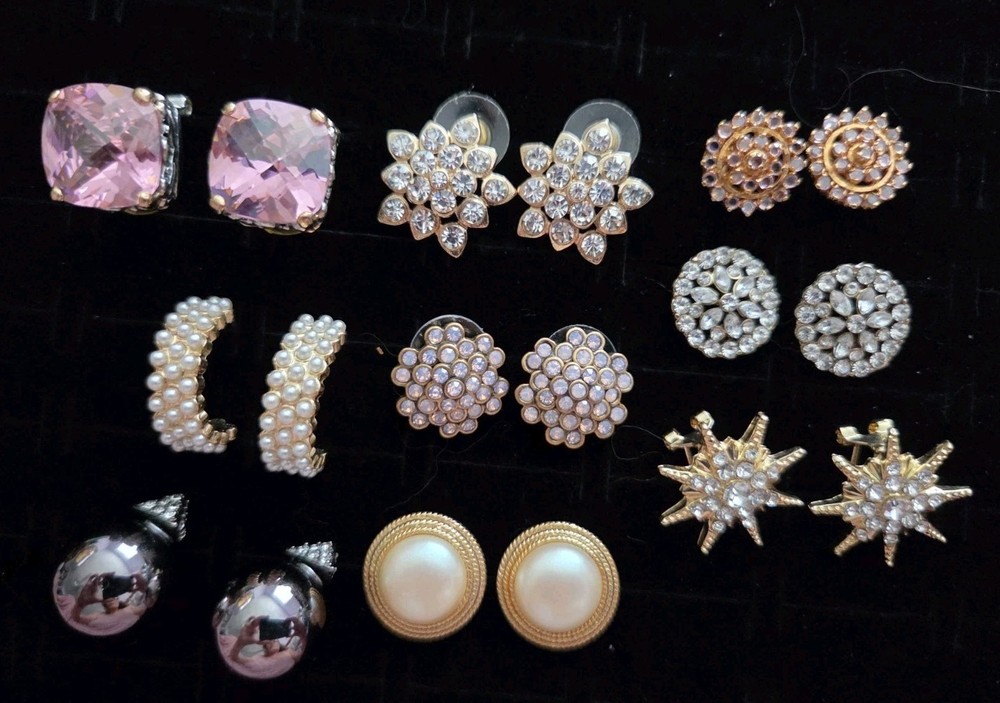 Vintage GORGEOUS Stud Earrings Lot ALL SIGNED Monet Avon Rhinestone Pearl