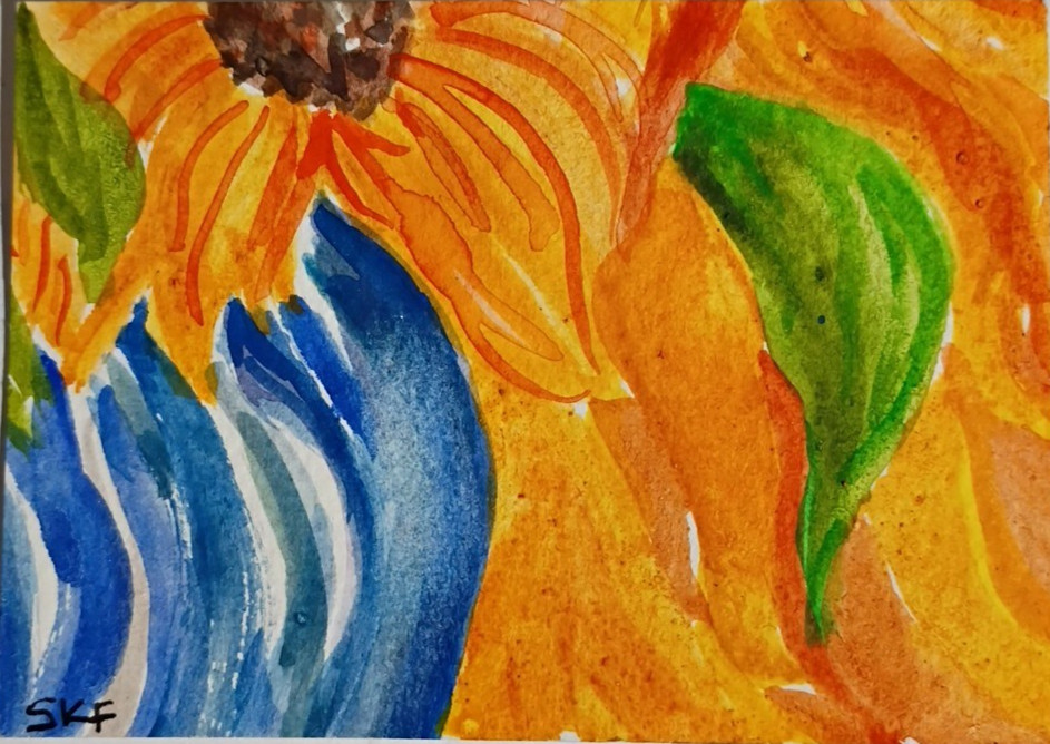 Original ACEO Rubeckia, Blue & White Vase Watercolor Painting, Sharon Foster