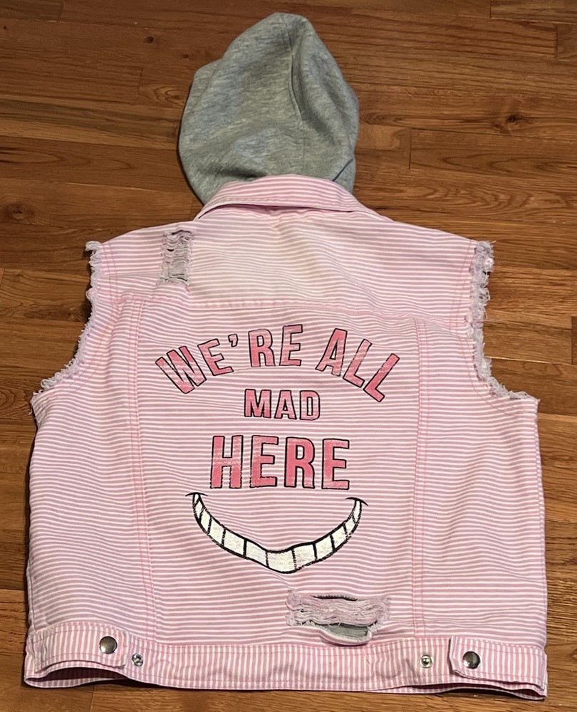 Oh My Disney Cheshire Cat Hooded Vest We’re Mad Here Distressed Pink White XXS