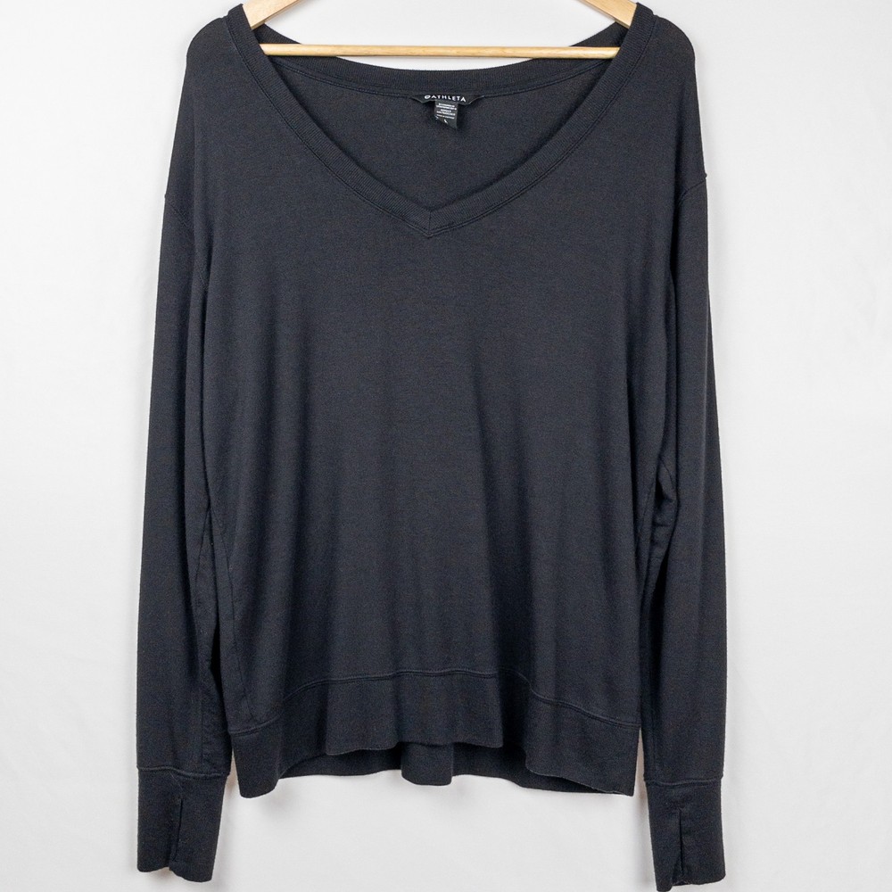 Athleta Sunrise V-Neck Sweatshirt Large Black Modal Soft Minimal Athleisure Luxe
