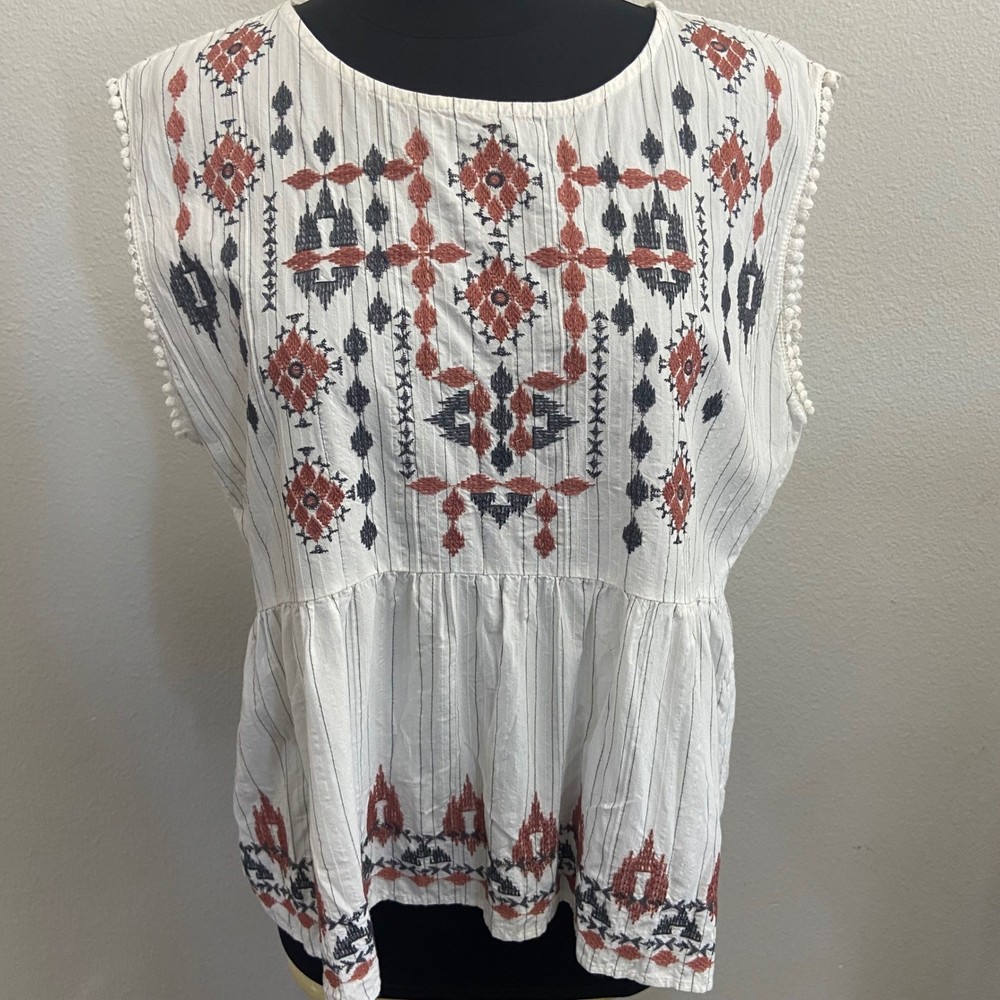 Knox Rose Womens M White Embroidered Peplum Sleeveless Boho Top Festival